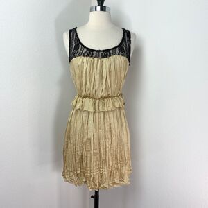 Papaya Gold Crinkle Black Lace Dress Small Boho Whimsy Goth Cottage Fairy Core